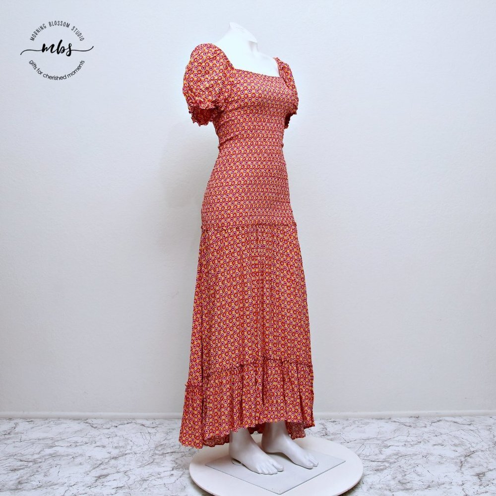 L*SPACE Simone Floral Square‎ Neck Short Sleeve Smocked High Low Maxi Dress - Picture 2 of 16